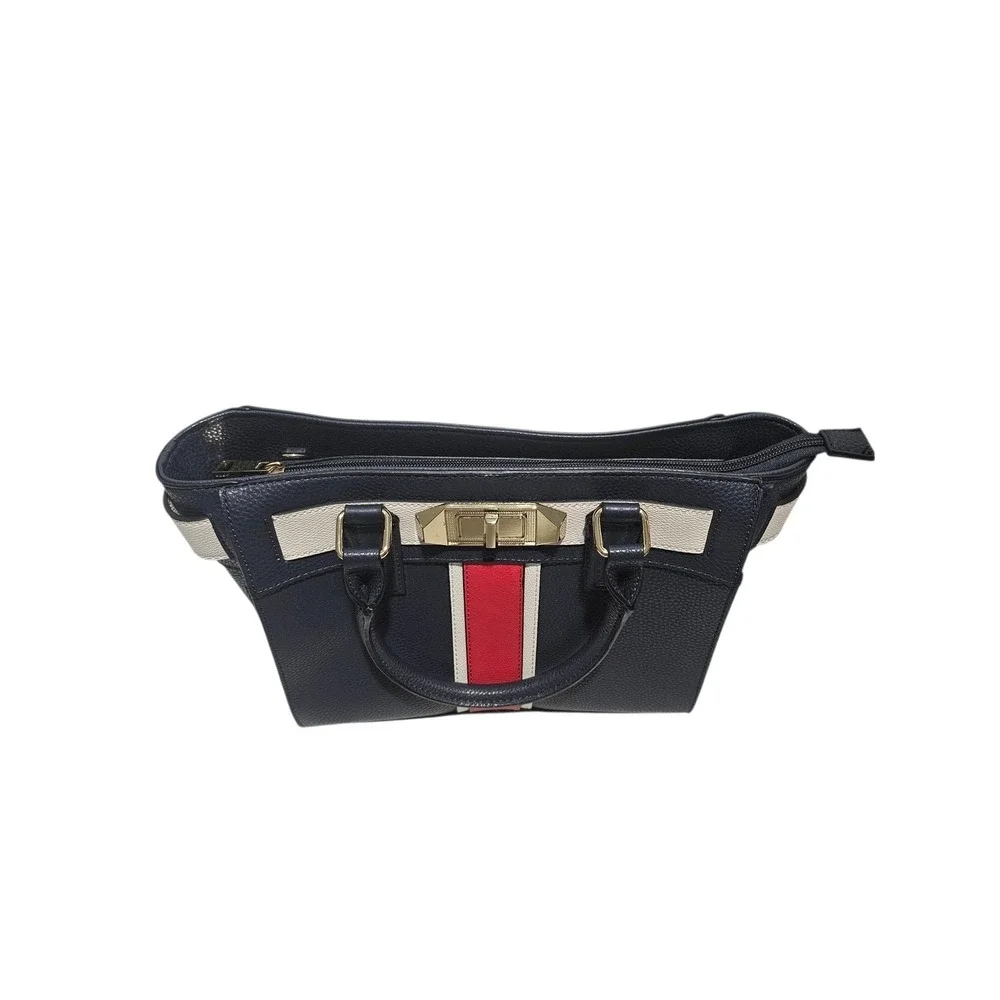 Aldo Navy Blue Pebbled Satchel Handbag Red Cream Stripe‎ Gold Hardware Tote